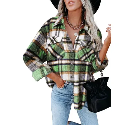 Women's Plaid Check Casual Shirt Jacket Shacket Top Loose Coat Winter Warm Top！！
