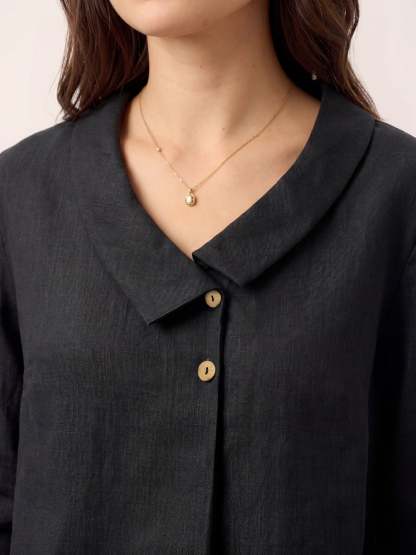 Women's 100% Linen Long-Sleeve Top with Asymmetric Neckline and Inverted Pleat