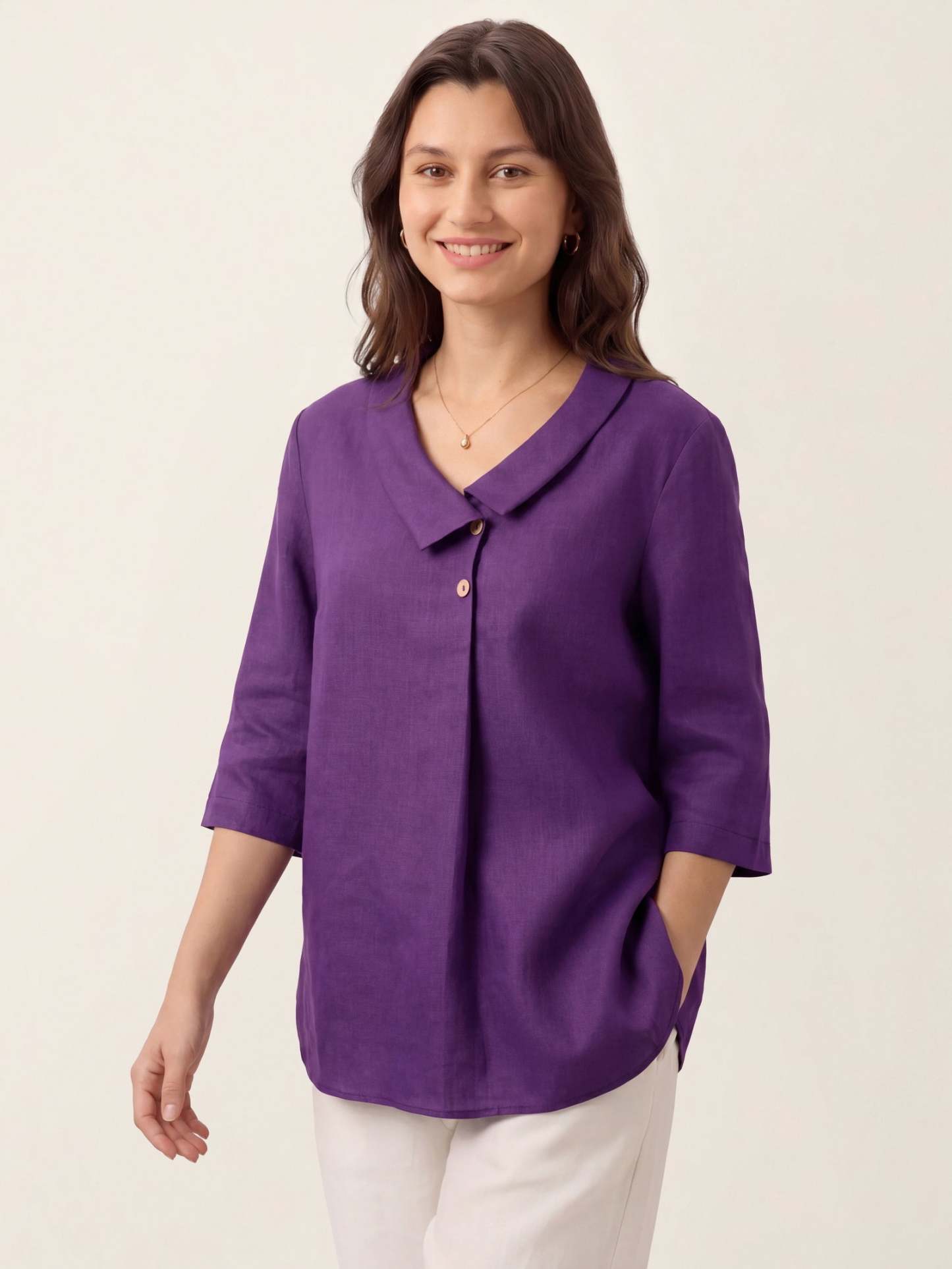 Women's 100% Linen Long-Sleeve Top with Asymmetric Neckline and Inverted Pleat