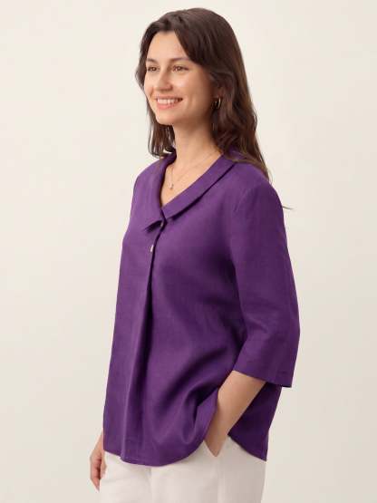 Women's 100% Linen Long-Sleeve Top with Asymmetric Neckline and Inverted Pleat