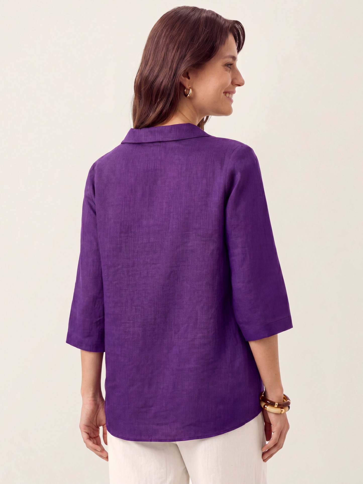 Women's 100% Linen Long-Sleeve Top with Asymmetric Neckline and Inverted Pleat