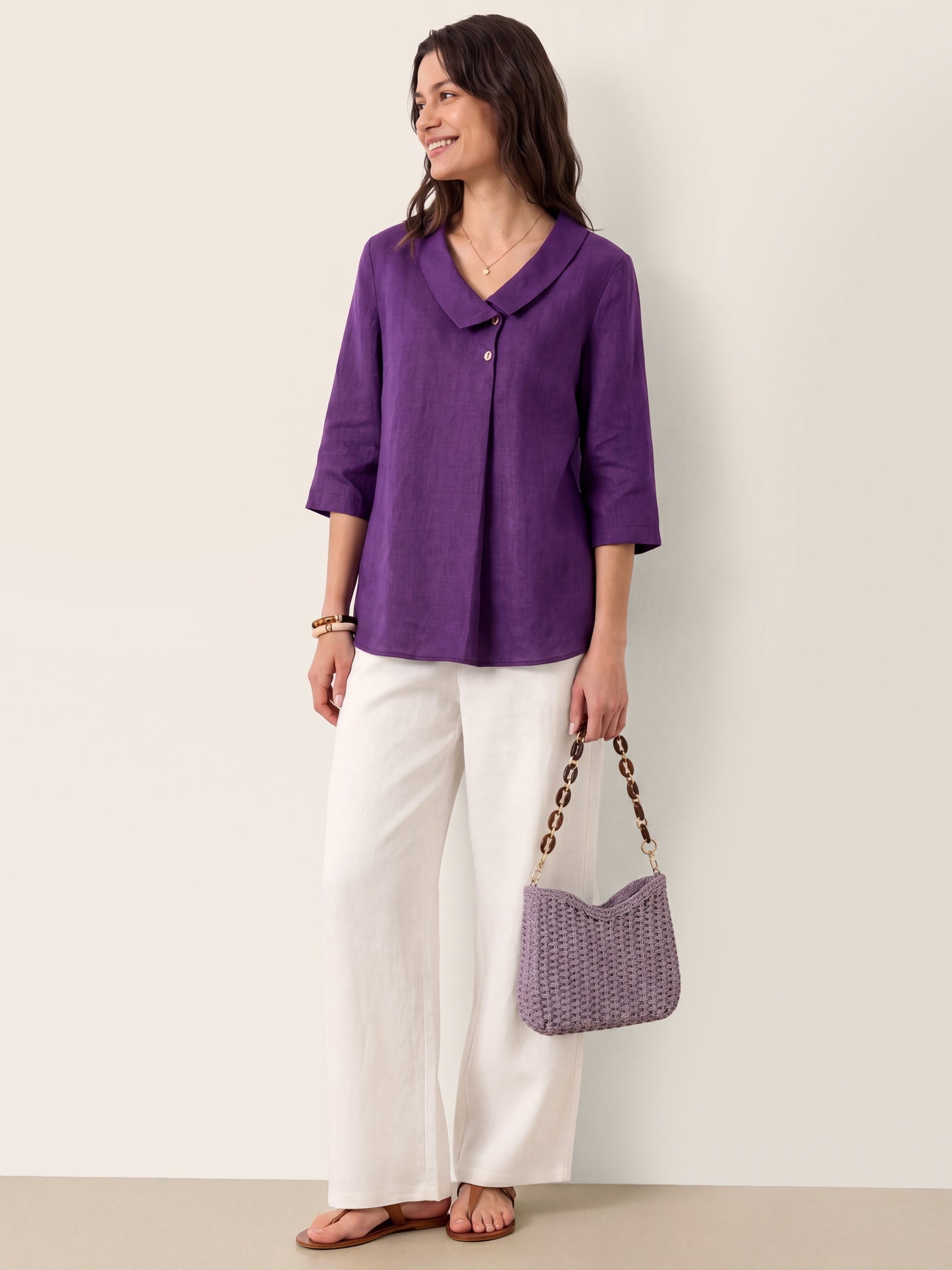 Women's 100% Linen Long-Sleeve Top with Asymmetric Neckline and Inverted Pleat