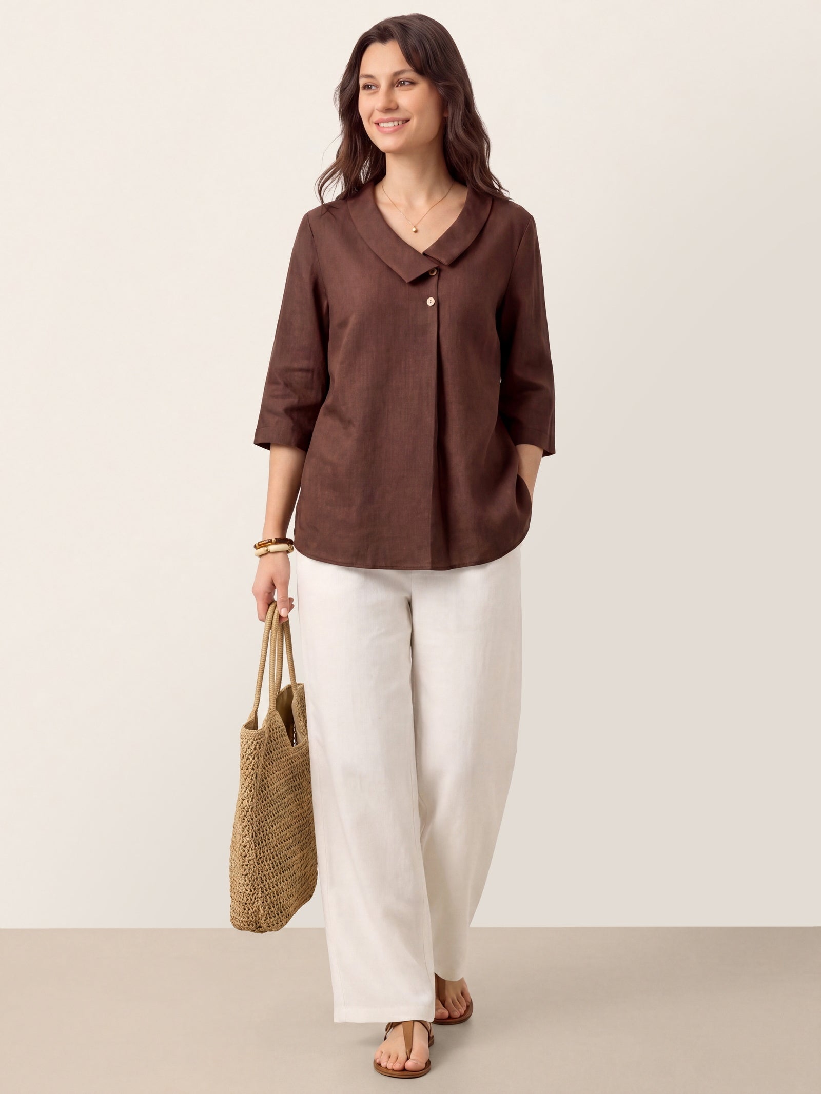 Women's 100% Linen Long-Sleeve Top with Asymmetric Neckline and Inverted Pleat
