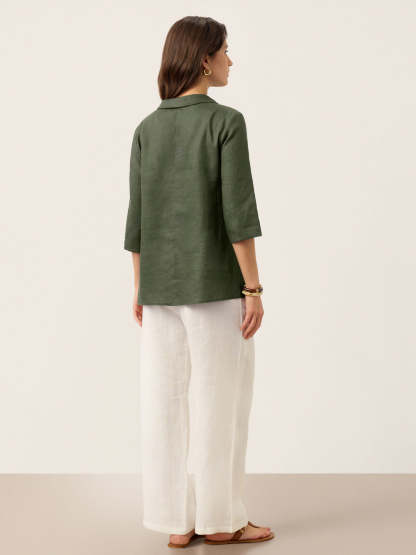 Women's 100% Linen Long-Sleeve Top with Asymmetric Neckline and Inverted Pleat