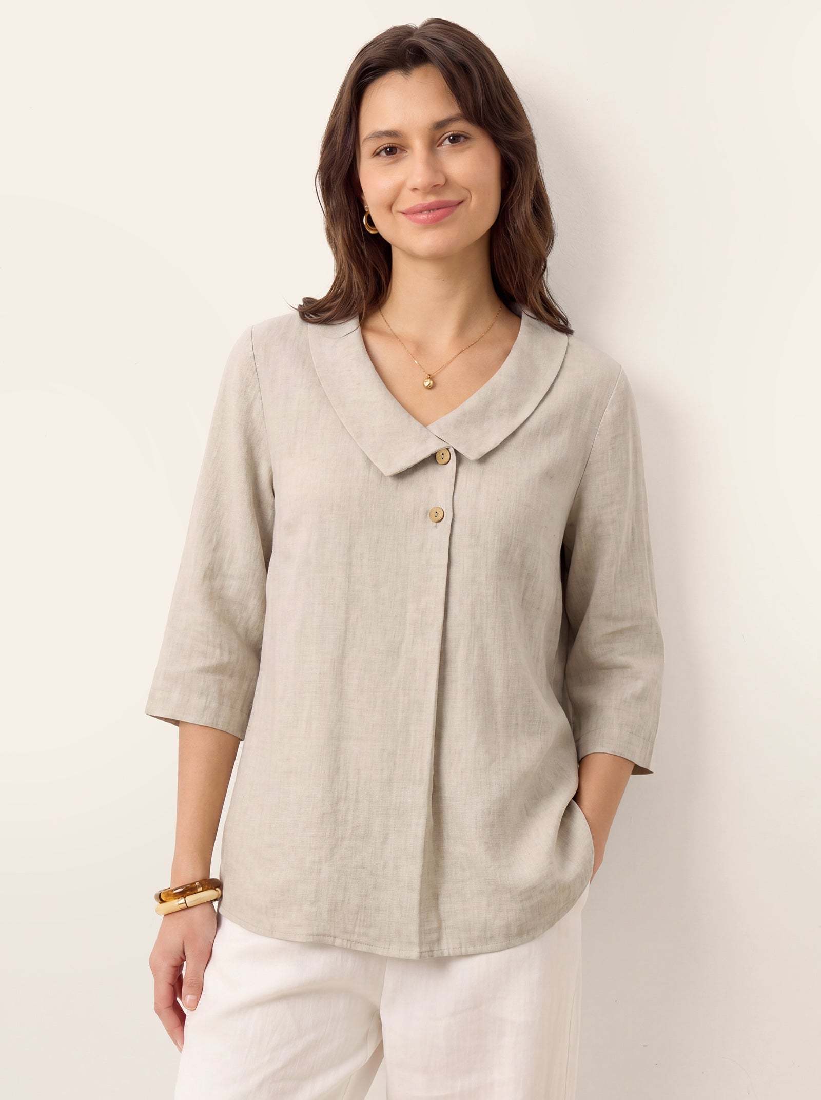 Women's 100% Linen Long-Sleeve Top with Asymmetric Neckline and Inverted Pleat