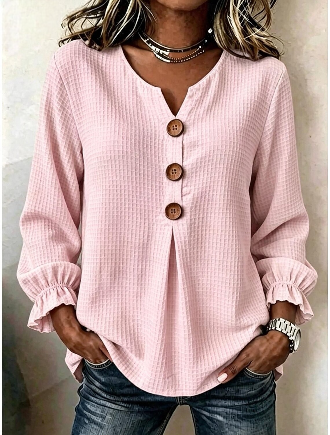 Women's Waffle Blouse Solid Color Vintage Stylish Basic Long Sleeve V Neck Regular Tops Casual Daily