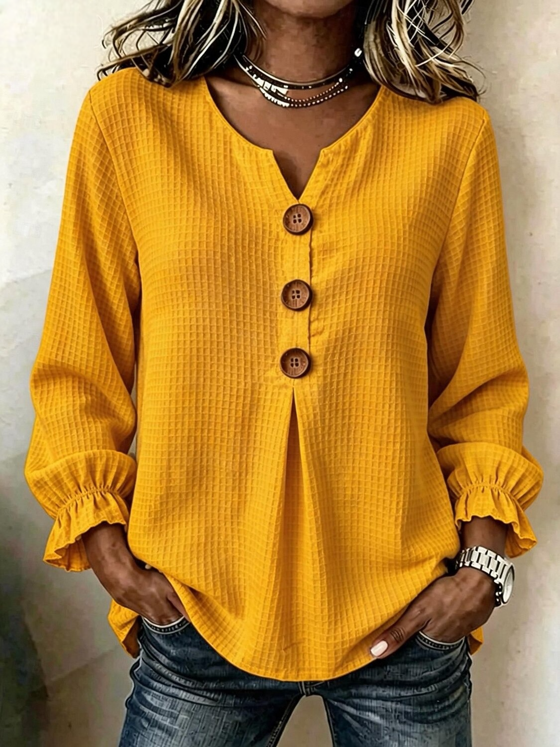 Women's Waffle Blouse Solid Color Vintage Stylish Basic Long Sleeve V Neck Regular Tops Casual Daily