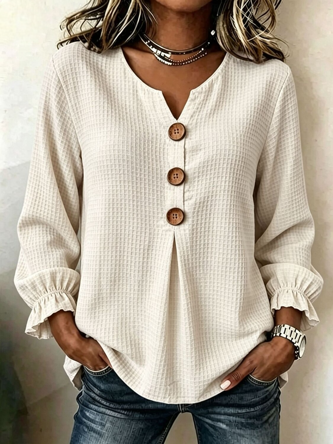 Women's Waffle Blouse Solid Color Vintage Stylish Basic Long Sleeve V Neck Regular Tops Casual Daily