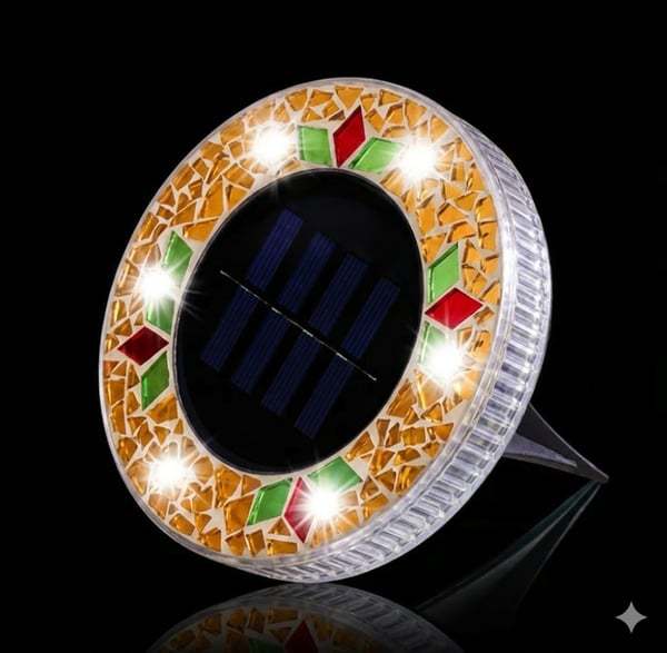 Solar Disk Lights – Handcrafted Mosaic Outdoor LED Waterproof In-Ground & Tabletop Wireless Lighting