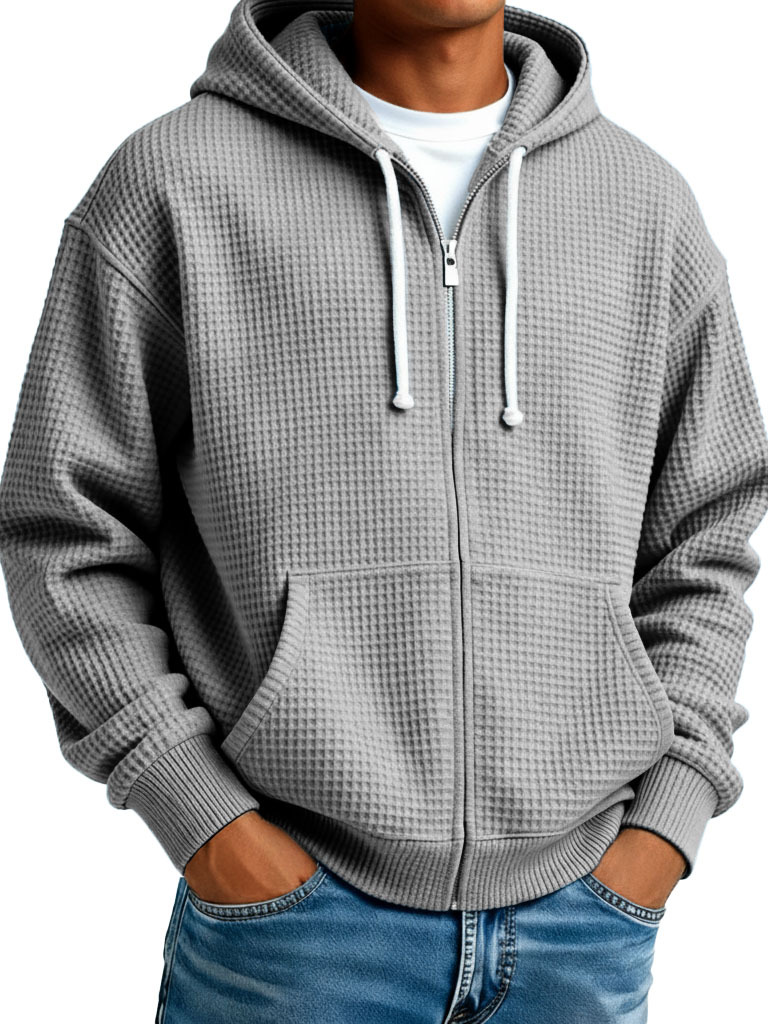 Men's Fashion Casual Waffle Weave Fabric Zipper Hooded Pocket Oversized Jacket