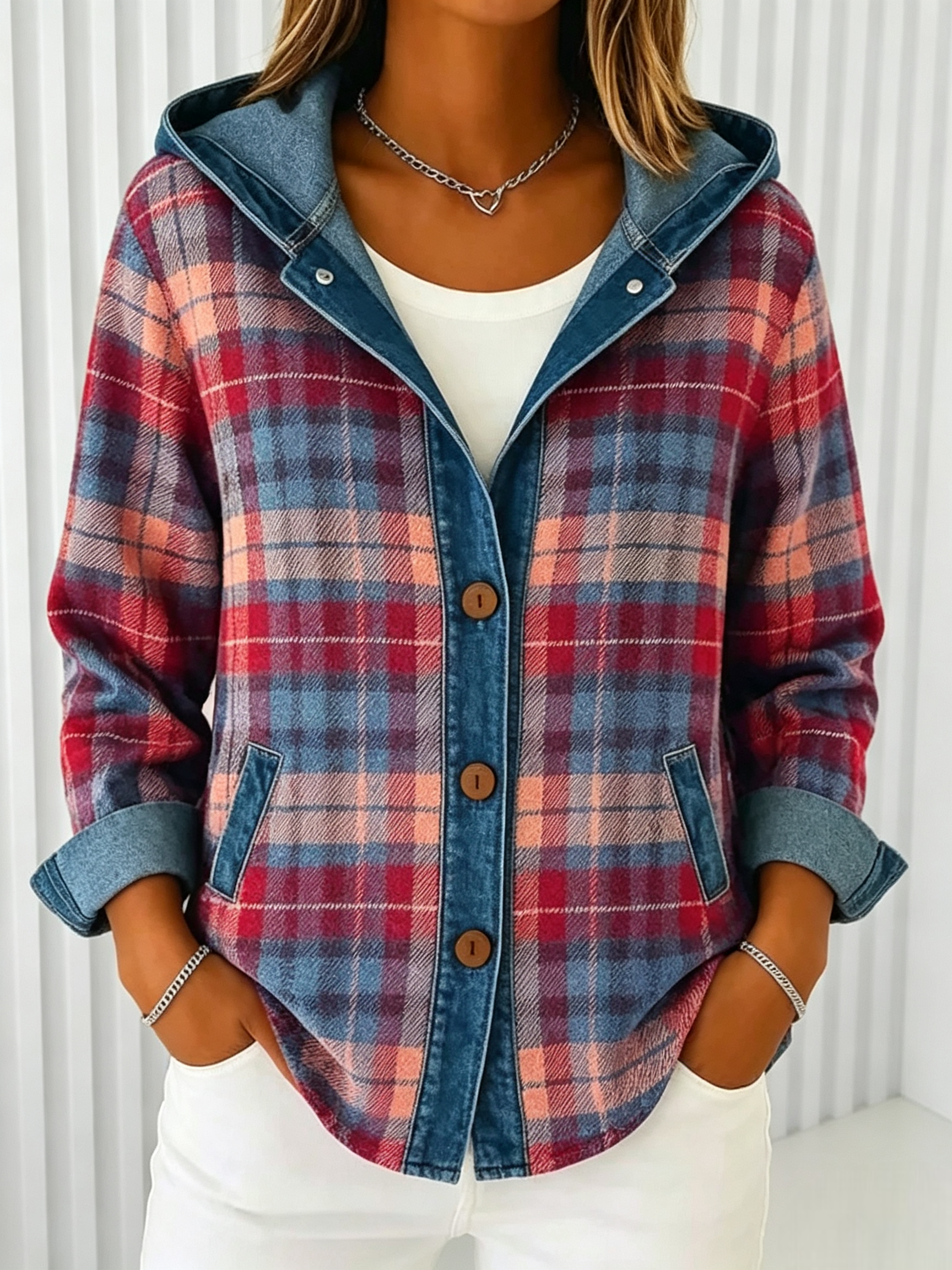 Women's Plaid Print Denim Long Sleeve Casual Loose Hooded Cardigan