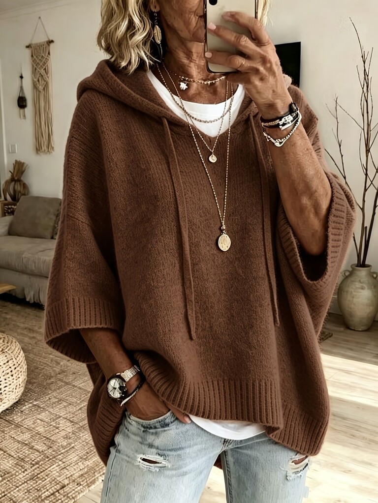 Womens Solid Hoodies Sweater 3/4 Sleeves Drawstring Loose Knit Pullover Sweater