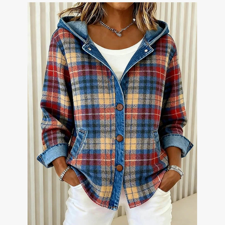 Women's Plaid Print Denim Long Sleeve Casual Loose Hooded Cardigan