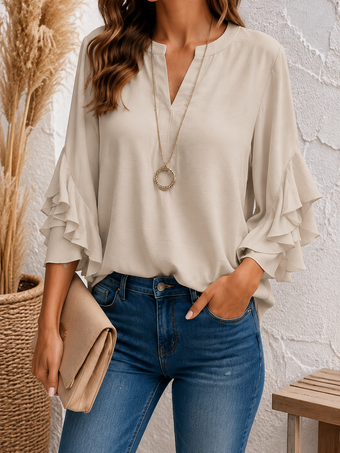 Women's Summer Shirt Casual Shirt Blouse Ruffle Solid Color Vacation Stylish Casual 3/4 Length Sleeve V Neck Regular Tops Daily Outdoor Holiday Black White Pink Army Green Summer Spring