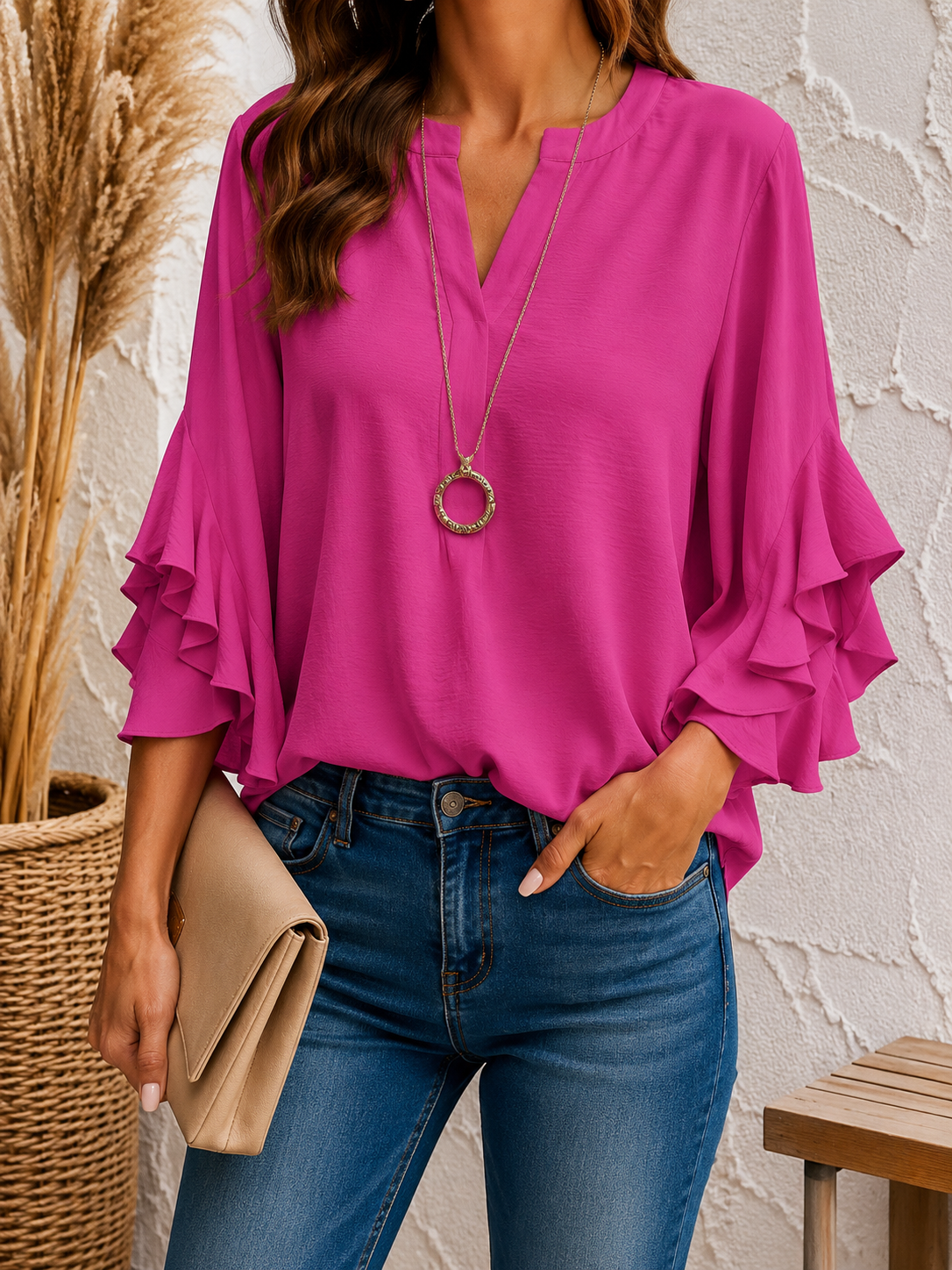 Women's Summer Shirt Casual Shirt Blouse Ruffle Solid Color Vacation Stylish Casual 3/4 Length Sleeve V Neck Regular Tops Daily Outdoor Holiday Black White Pink Army Green Summer Spring