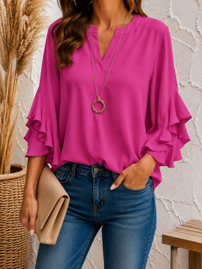 Women's Summer Shirt Casual Shirt Blouse Ruffle Solid Color Vacation Stylish Casual 3/4 Length Sleeve V Neck Regular Tops Daily Outdoor Holiday Black White Pink Army Green Summer Spring