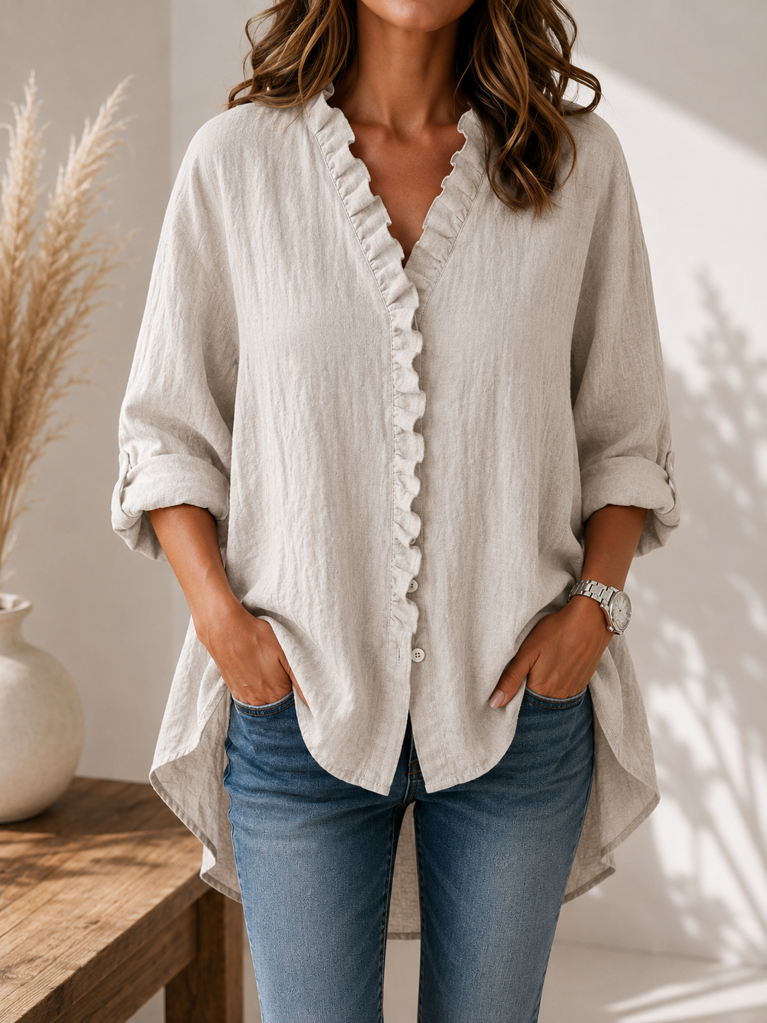 Women's Casual Cotton And Linen Ruffle Shirt
