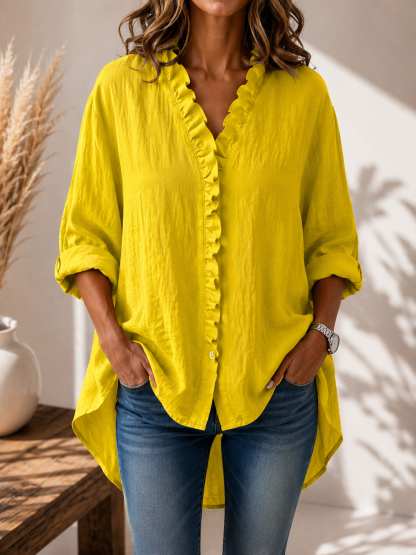 Women's Casual Cotton And Linen Ruffle Shirt