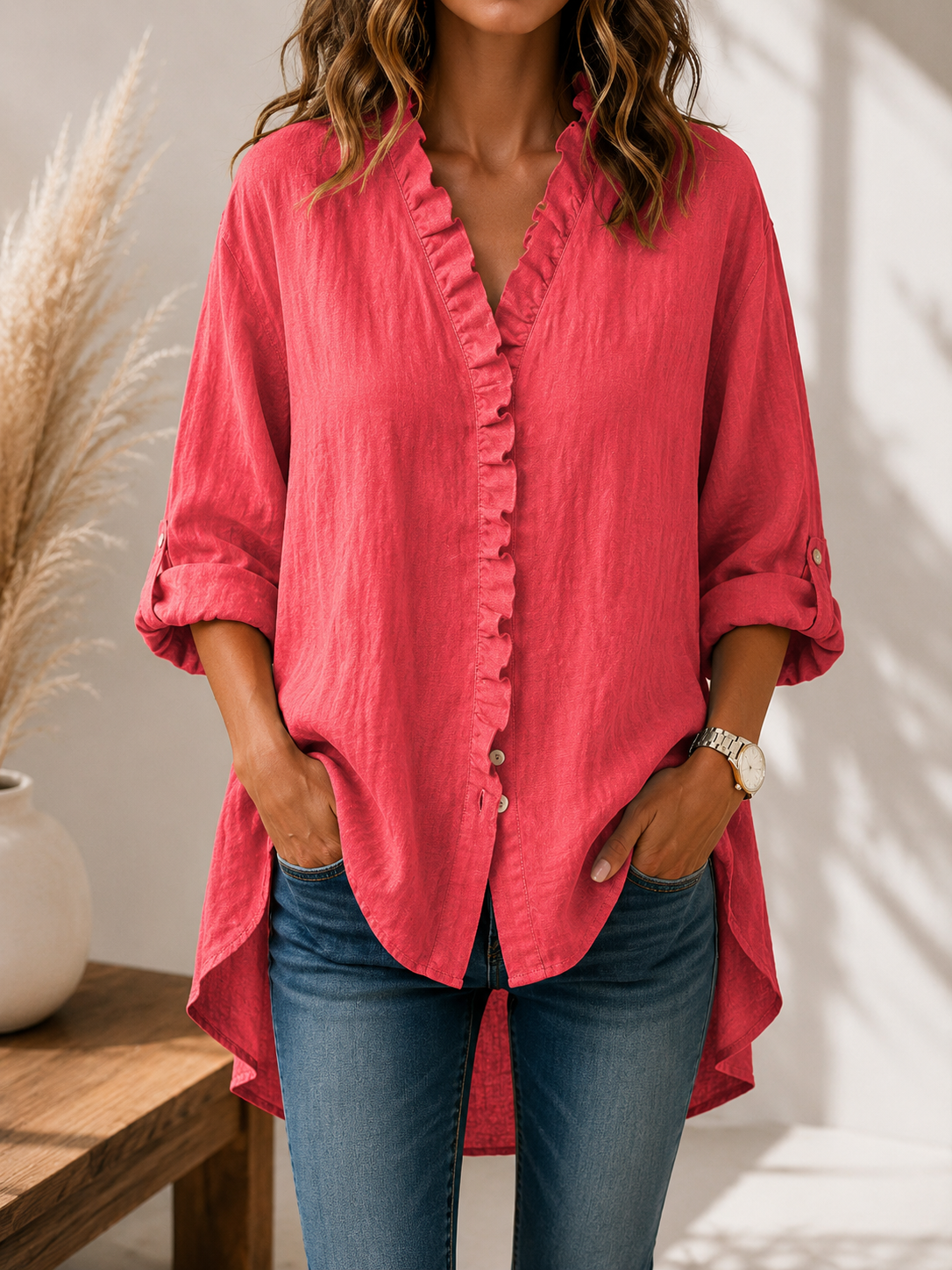 Women's Casual Cotton And Linen Ruffle Shirt