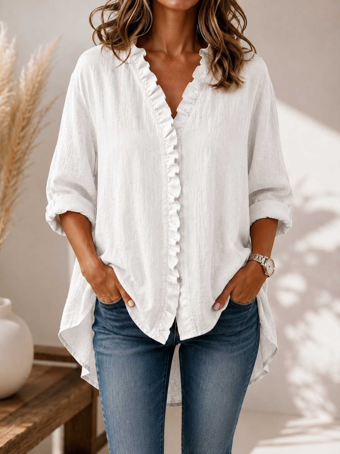 Women's Casual Cotton And Linen Ruffle Shirt