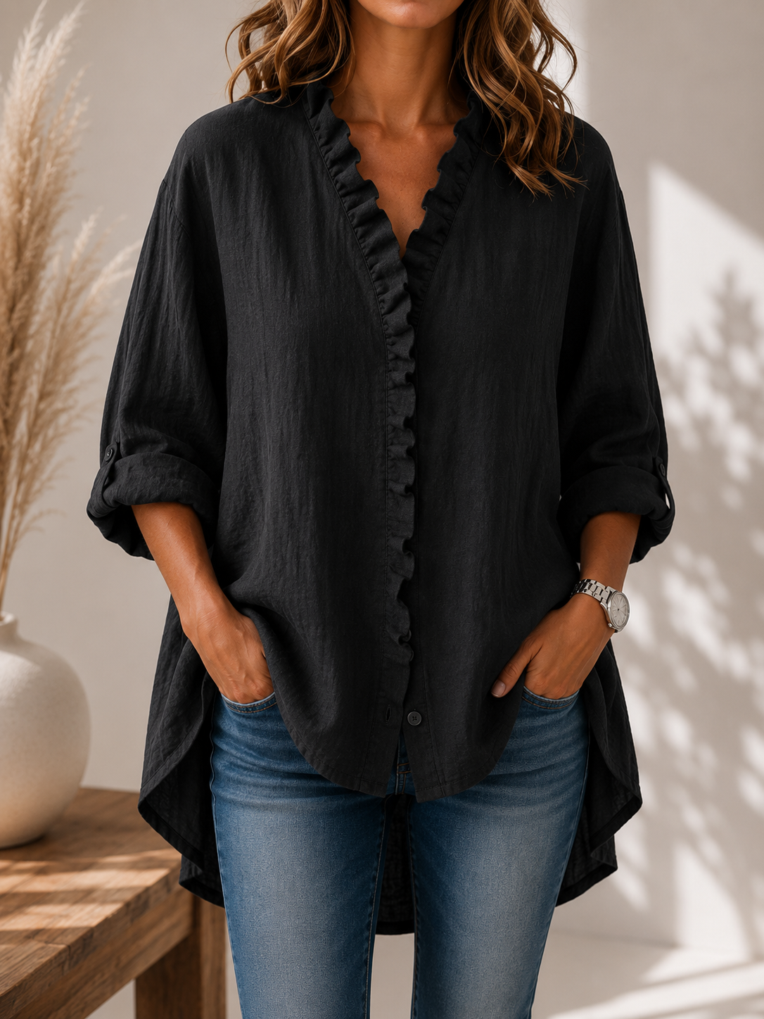 Women's Casual Cotton And Linen Ruffle Shirt