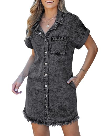 🔥Women's Button Down Frayed Hem Denim Shirt Dresses