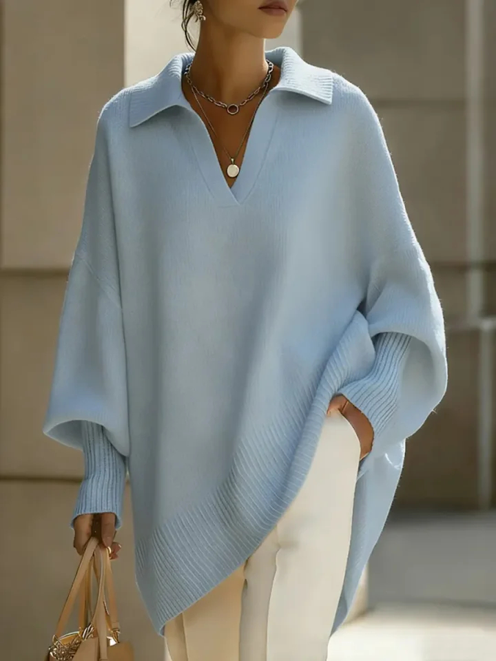 🎄 New Arrivals🔥 Women's Solid Color V-neck Long-sleeved Casual Loose-fitting Knitted Pullover Sweater