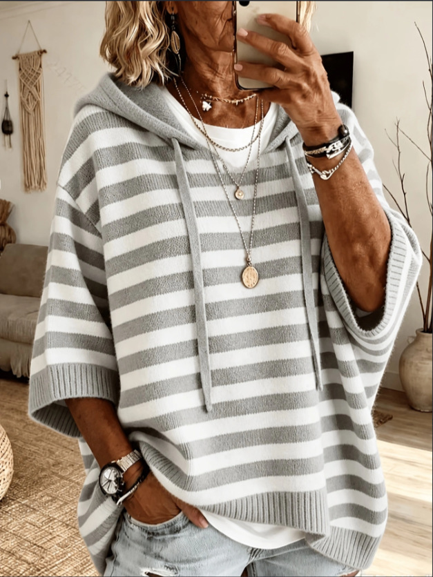 Womens Solid Hoodies Sweater 3/4 Sleeves Drawstring Loose Knit Pullover Sweater