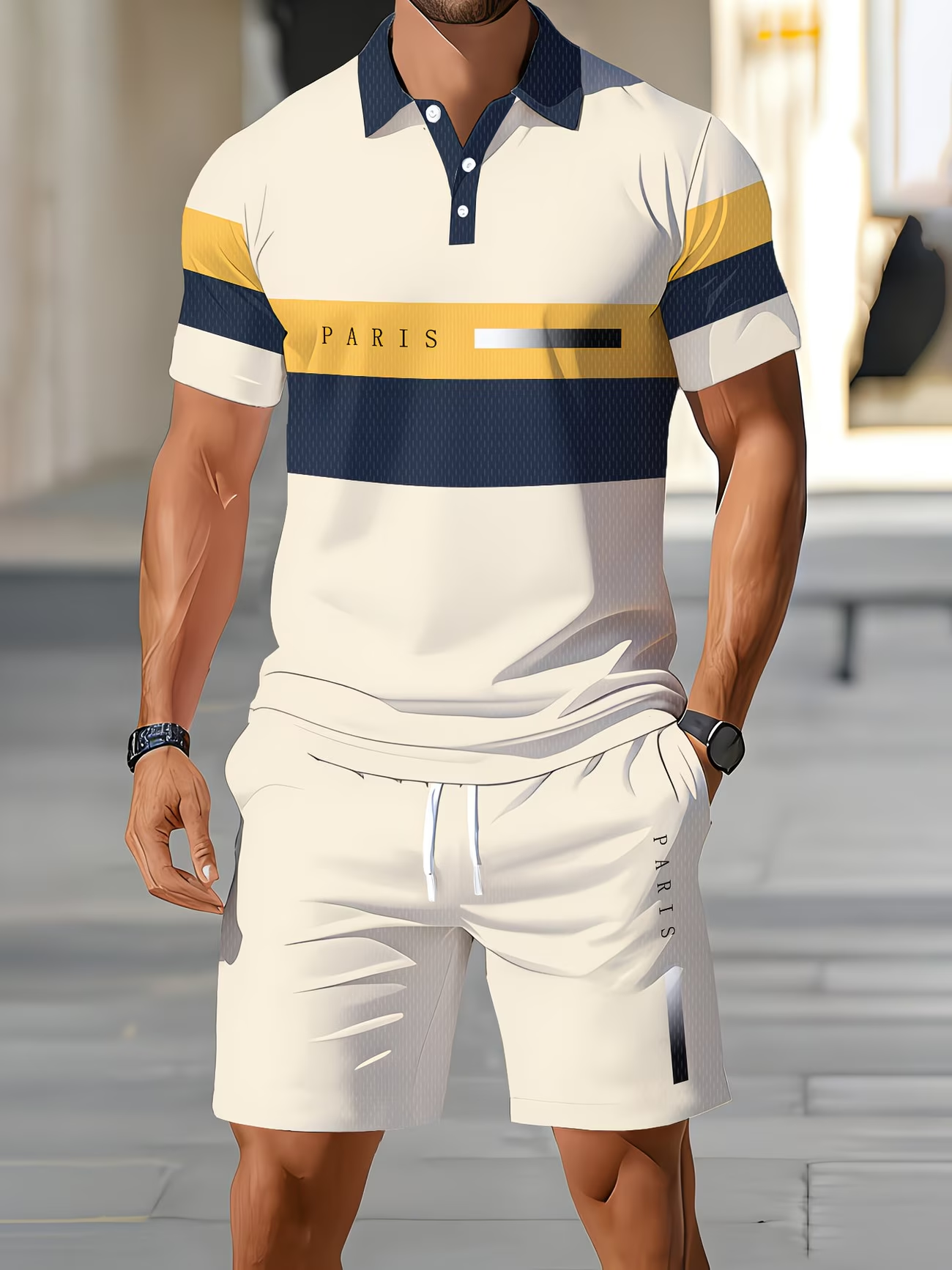 ⏰ Último día: ¡50% de descuento! 🔥 Conjunto de verano para hombre con polo a rayas y pantalones cortos.