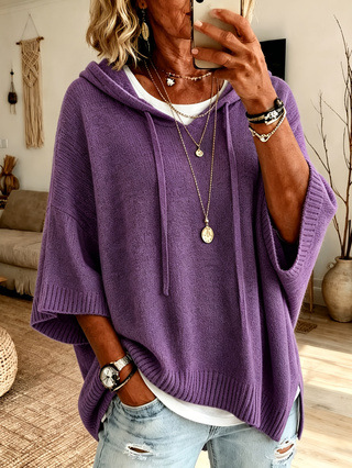 Womens Solid Hoodies Sweater 3/4 Sleeves Drawstring Loose Knit Pullover Sweater