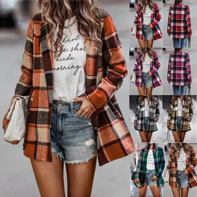 Autumn Winter Womens Loose Plaid Printed Long Sleeved Pocket Woolen Coat Cardigan Top