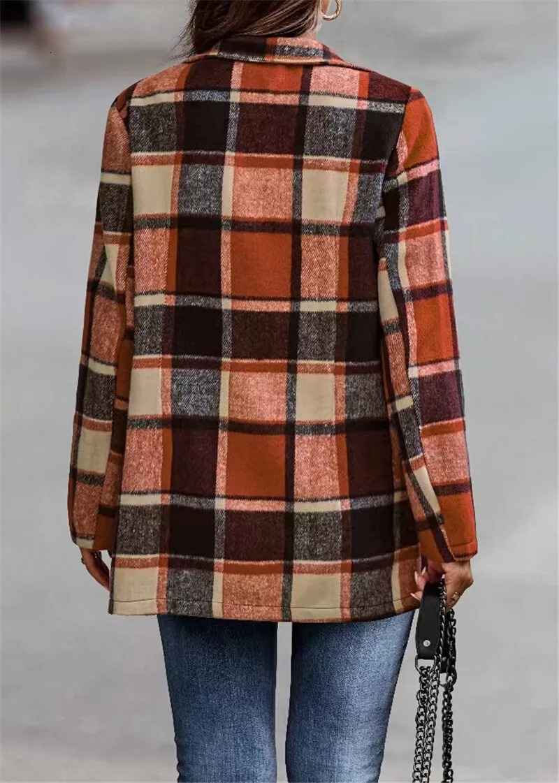 Autumn Winter Womens Loose Plaid Printed Long Sleeved Pocket Woolen Coat Cardigan Top