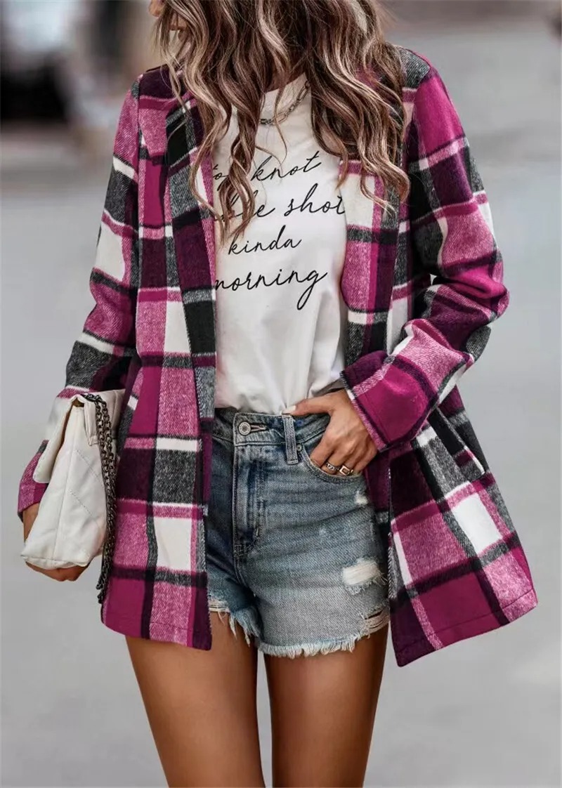 Autumn Winter Womens Loose Plaid Printed Long Sleeved Pocket Woolen Coat Cardigan Top