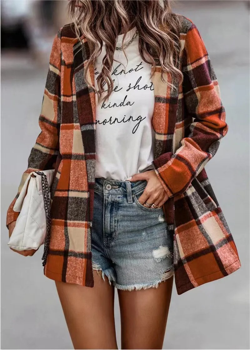 Autumn Winter Womens Loose Plaid Printed Long Sleeved Pocket Woolen Coat Cardigan Top