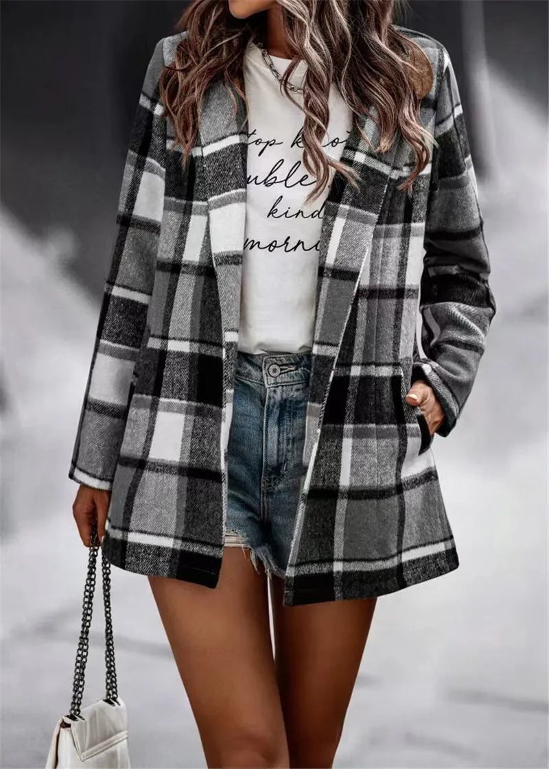 Autumn Winter Womens Loose Plaid Printed Long Sleeved Pocket Woolen Coat Cardigan Top