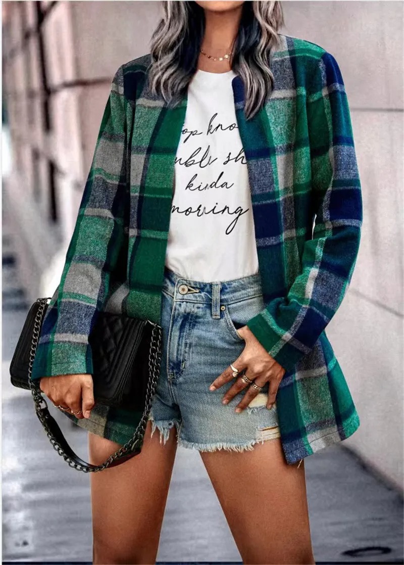 Autumn Winter Womens Loose Plaid Printed Long Sleeved Pocket Woolen Coat Cardigan Top