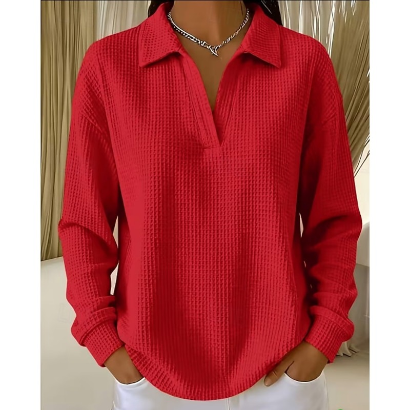 Women Oversized Polo Collar Waffle Blouse