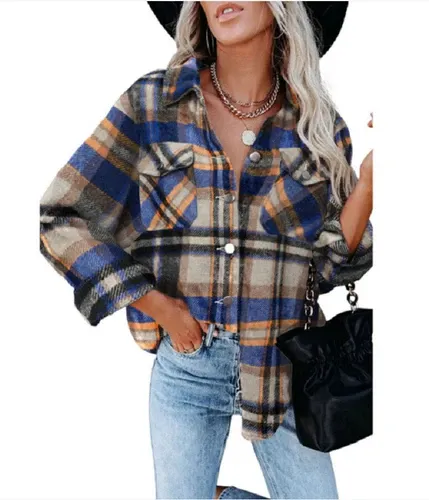 Women's Plaid Check Casual Shirt Jacket Shacket Top Loose Coat Winter Warm Top！！