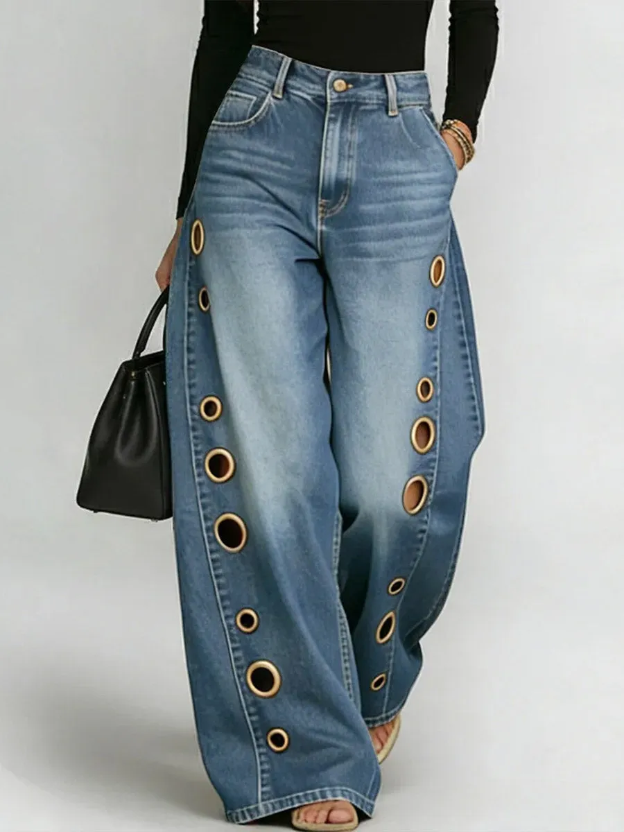 Women's Retro Floral Art Print Casual Stylish Hollow Pants