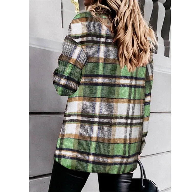 Women's Plaid Check Casual Shirt Jacket Shacket Top Loose Coat Winter Warm Top！！