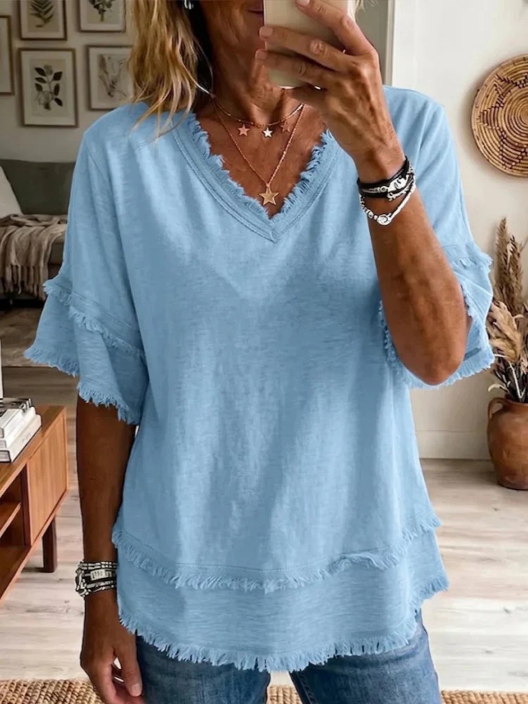 Women's Linen Blend Fringe V-Neck Top