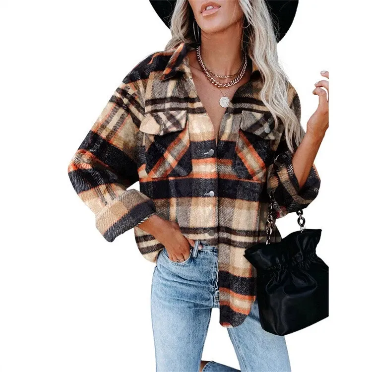 Women's Plaid Check Casual Shirt Jacket Shacket Top Loose Coat Winter Warm Top！！