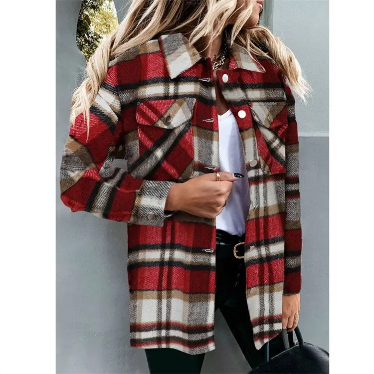 Women's Plaid Check Casual Shirt Jacket Shacket Top Loose Coat Winter Warm Top！！