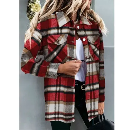 Women's Plaid Check Casual Shirt Jacket Shacket Top Loose Coat Winter Warm Top！！