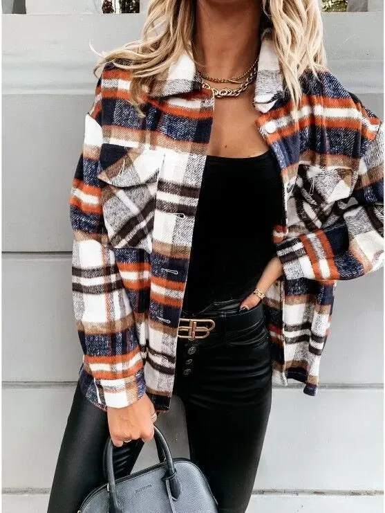 Women's Plaid Check Casual Shirt Jacket Shacket Top Loose Coat Winter Warm Top！！