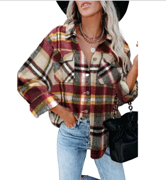 Women's Plaid Check Casual Shirt Jacket Shacket Top Loose Coat Winter Warm Top！！