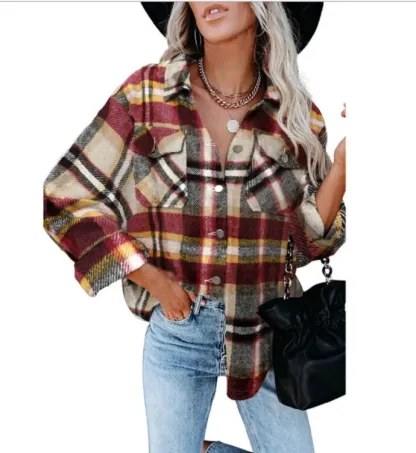 Women's Plaid Check Casual Shirt Jacket Shacket Top Loose Coat Winter Warm Top！！
