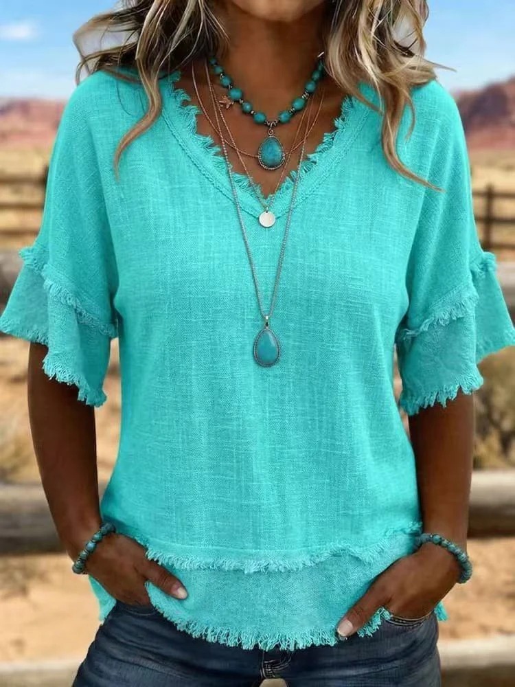 Women's Linen Blend Fringe V-Neck Top