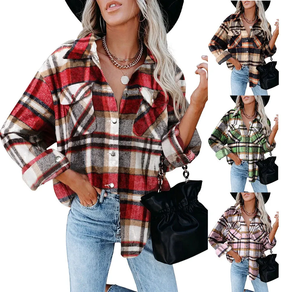 Women's Plaid Check Casual Shirt Jacket Shacket Top Loose Coat Winter Warm Top！！