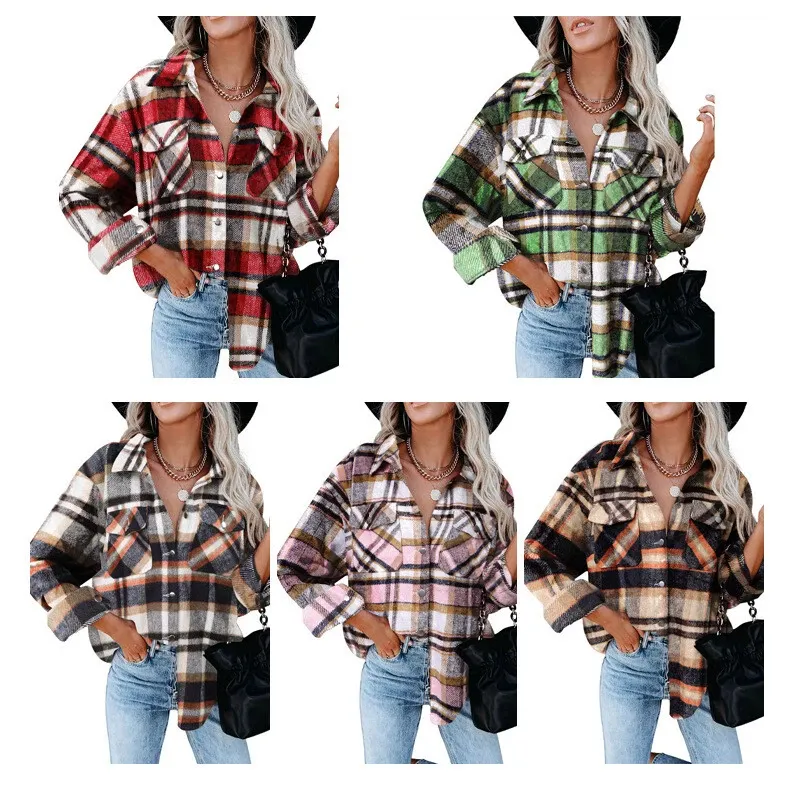 Women's Plaid Check Casual Shirt Jacket Shacket Top Loose Coat Winter Warm Top！！